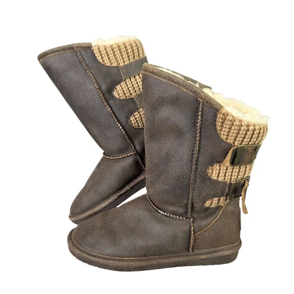 Bearpaw Womens Mid-Calf Brown Winter Boots Faux Shearling Lining Knit-Back 6 - Picture 1 of 9